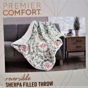 Premier Comfort Reversible Sherpa Filled Throw Velvet Plush PEACE JOY Print NWT